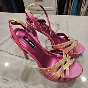 Nine West Pink and Gold Rhinestone Strappy Heels